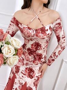 Modelyn Women's Floral Printed Off Shoulder Long Sleeve Cross Strap Tie Bodycon Dress With Mermaid Hem, Spring/Summer Long Evening Dresses - Red - View 1