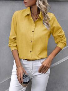 EMERY ROSE Camicia casual a monopetto da donna, con maniche lunghe, adatta all'uso quotidiano - Giallo - Visualizzare 5