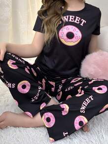 Conjunto de pijama de manga corta y pantalón largo con estampado de rosquilla de dibujos animados para primavera/verano