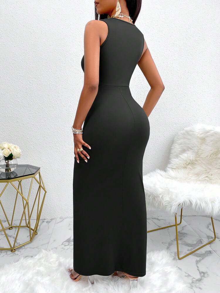 Solid Color Twist Front Cutout Pleated Sleeveless Summer Dress, Sexy Style