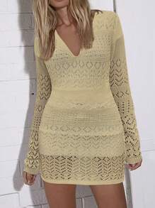 SHEIN Clasi Women Solid Color Simple Daily V-Neck Long Sleeve Hollow Knit Sweater Dress Fall Cloth For Women - Khaki - View 4