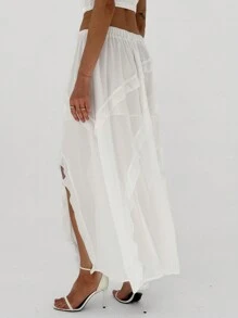 SHEIN Privé Plus Size Casual White Elastic Drawstring Waist Skirt With Split Hem And Ruffled Edges, Perfect For Everyday Wear And Summer Vacation Outfits - White - View 13