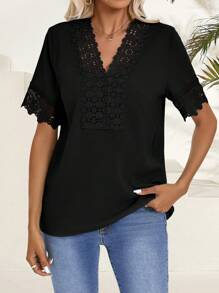 EMERY ROSE Áo sơ mi tay ngắn chắp vá ren nữ màu xanh lá cây Áo sơ mi tay ngắn mùa hè thường ngày - màu đen - Xem 4