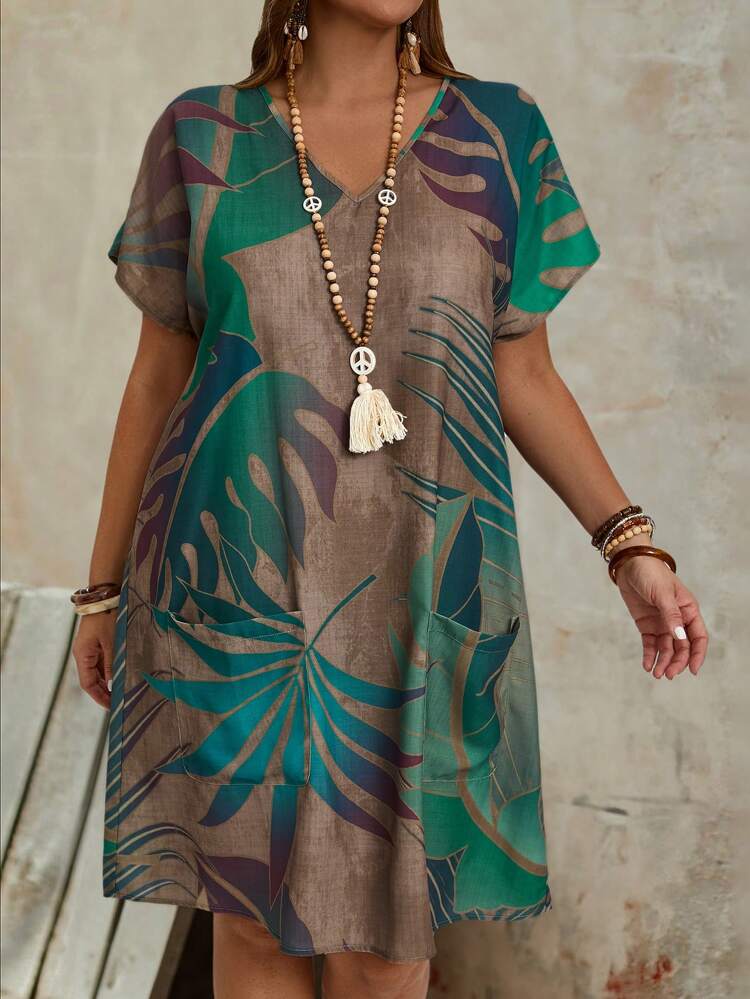 Plus Size Women's Double Pocket Fashionable V-Neck Loose Summer Printed Country Dress,Beach Dress Sundress,Holiday Outfits Boho,Vacation/Spring