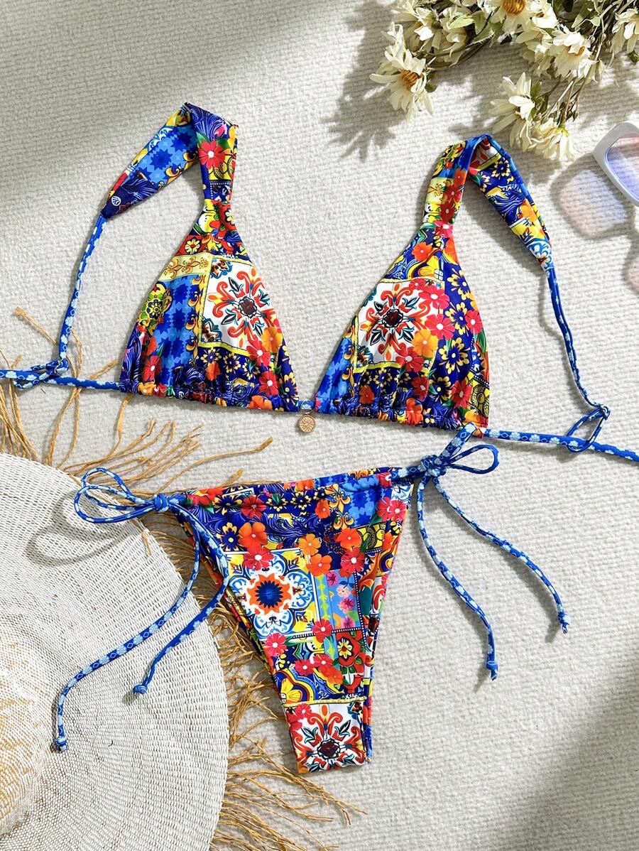 SHEIN Swim Bộ bikini gợi cảm in hoa kỳ nghỉ dành cho nữ (trên + dưới), in ngẫu nhiên - Nhiều màu - Xem 1