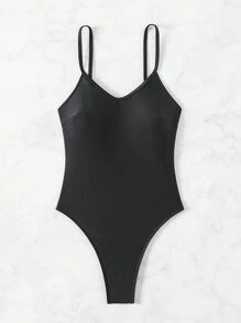 SHEIN X Sofía Suescun Swim SXY 女士夏季海灘純色背心無袖連體泳衣 - 黑色 - 查看 7