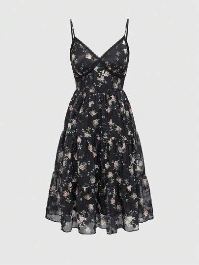 Fairycore Summer Casual Ditsy Floral Lace Trimmed Strappy Dress