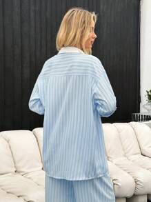 SHEIN Essnce 2024年春夏季鬆身條紋藍白拼接女式襯衫 - 藍色 - 查看 2
