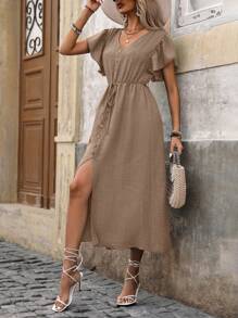 Breezaya Váy xẻ tà phía trước màu trơn cho kỳ nghỉ giải trí - Màu Khaki - Xem 6