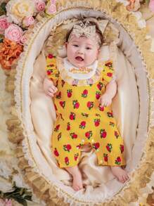 1pc Baby Girl Floral Pattern Lace Trimmed Cap Sleeve Romper With Ruffle Shorts, Summer - Multicolor - View 4
