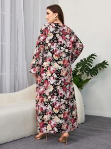 Al Najma 加大码优雅阿拉伯花卉印花长袖端庄连衣裙，卡夫坦 - 彩色 - 查看 2