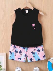 SHEIN Young Boy Coconut Tree Pattern Digital Print Tank Top And Shorts Set, Summer - Black - View 1