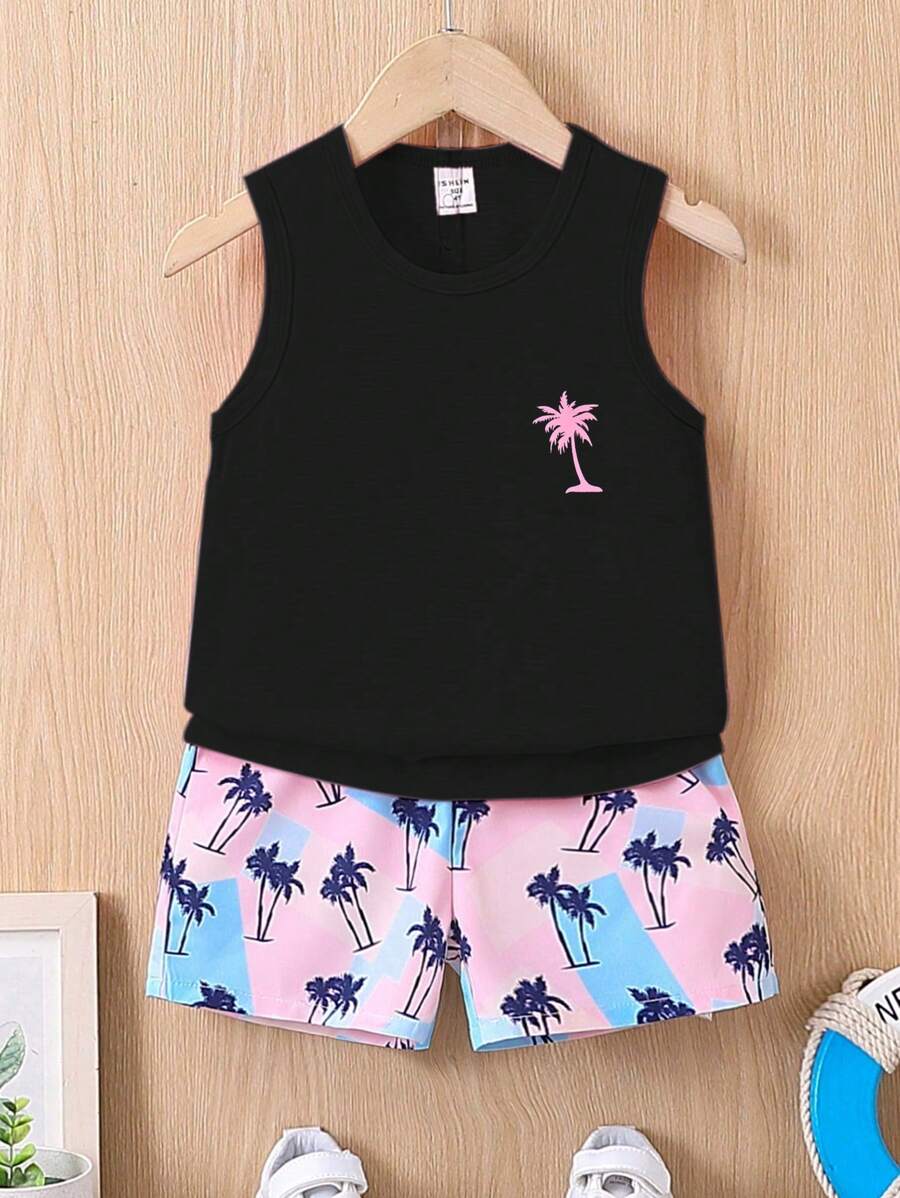 SHEIN Young Boy Coconut Tree Pattern Digital Print Tank Top And Shorts Set, Summer - Black - View 1