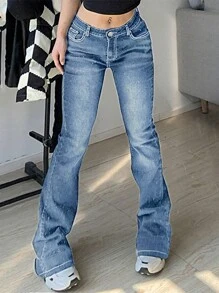 Pantalones De Mezclilla Acampanados Para Mujeres Con Costuras En Contraste Y Decoración De Hilados Gruesos - Azul lavado medio - Ver 1