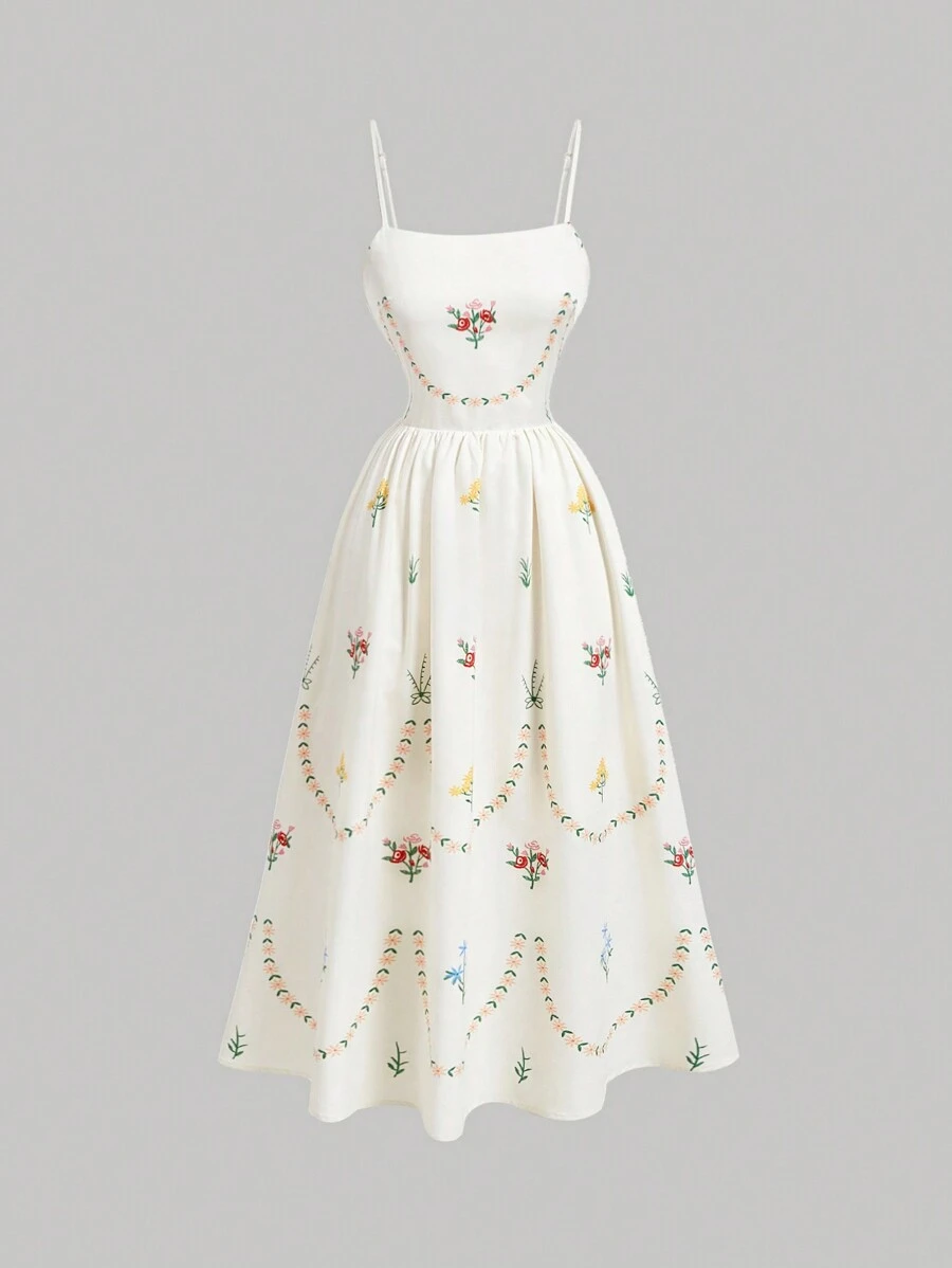 SHEIN MOD Váy họa tiết hoa cổ điển dành cho nữ màu be, hoàn hảo cho phong cách nghỉ dưỡng và đồng quê, váy mùa hè - Màu be - Xem 1