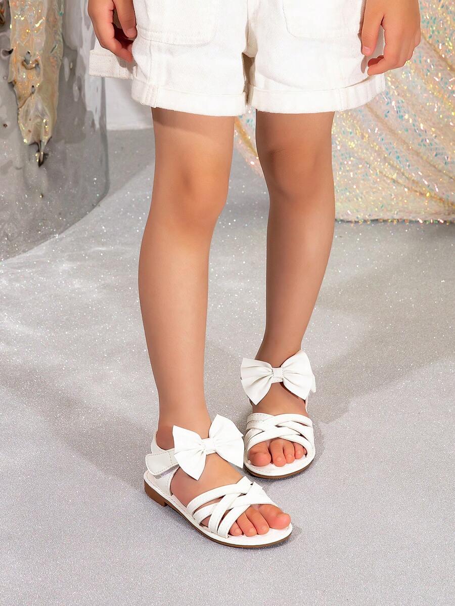 Sandalias planas para niñas con correa trenzada a rayas y decoraciones de lazo - Blanco - Ver 1