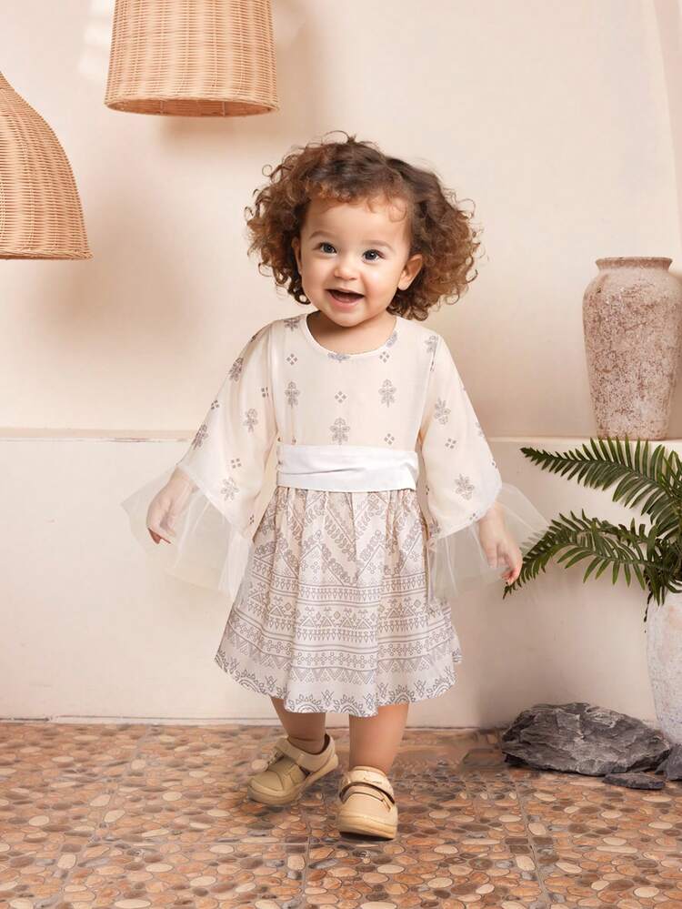 Vintage Printed Round Neck Dress For Baby Girls