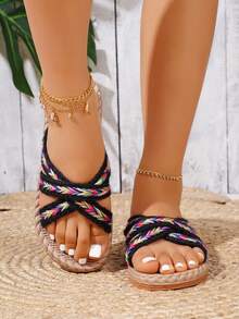 Bohemian Style Women's Slipper Sandals, Summer, Comfortable, Casual, Round Toe, Open Toe, Black, Flat Cushion, Woven Ribbon Strap - Multicolor - View 3