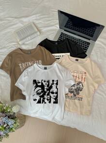 SHEIN EZwear 休闲圆领赛车人物吉他印花修身短袖女式 T 恤，适合夏季 - 彩色 - 查看 2