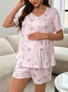 Maternity Floral Lace Patchwork Button Front Short Sleeve Top & Shorts Pajama Set - Baby Pink - View 4