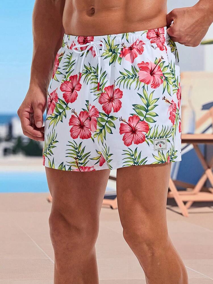 Men's Floral Printed Drawstring Beach Shorts, Vacation