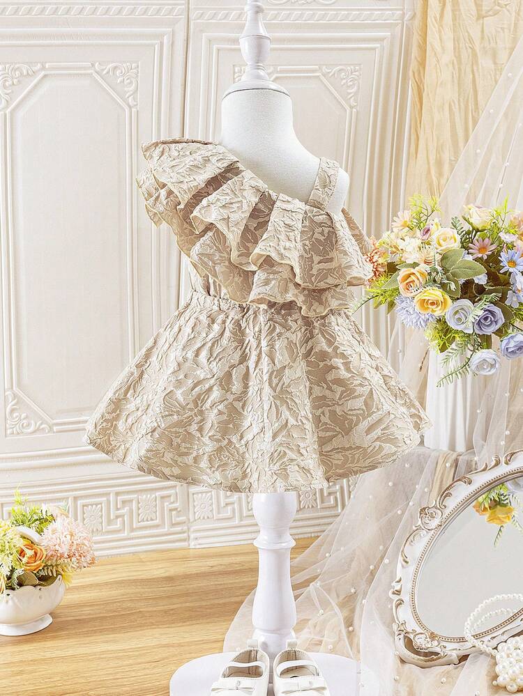 Baby Girl Gorgeous Elegant Textured Layered Ruffle Trim Top And Elastic Waist Skirt Set, Suitable For Summer