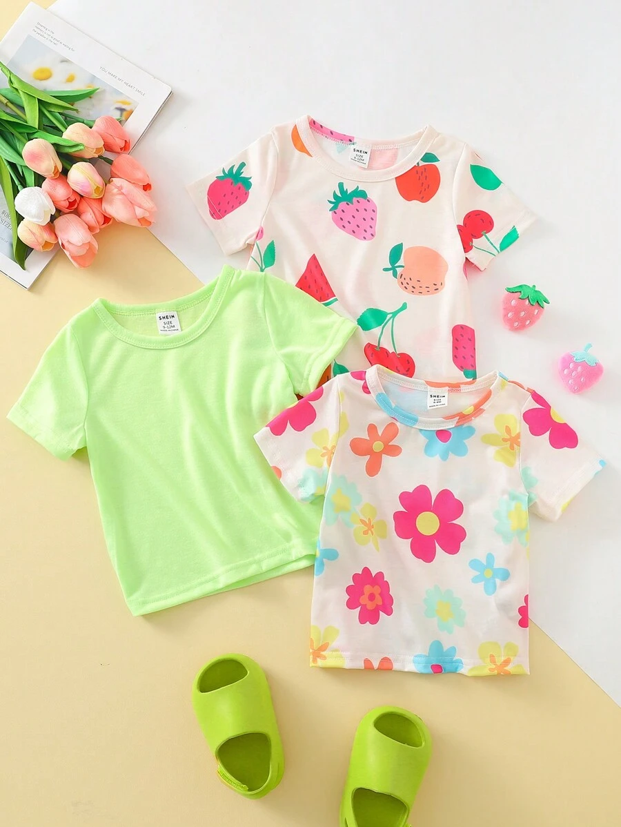 Baby Girl 3pcs Casual And Cute Flower & Fruit Pattern Tops Suitable For Home And Outing In Spring And Summer - Multicolor - View 1