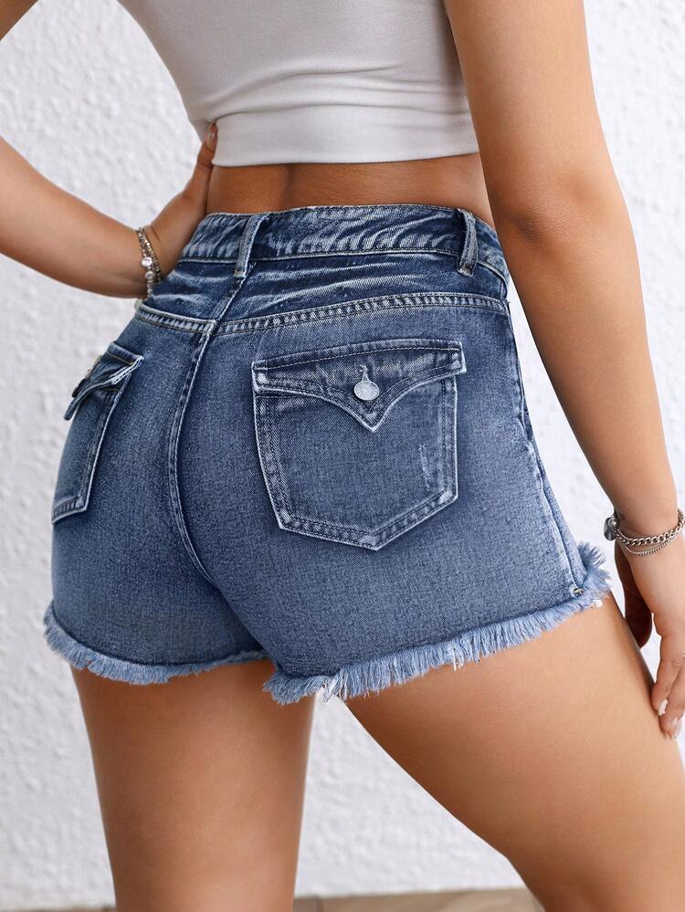 Women's Solid Color Simple Style Denim Shorts, Casual Wear