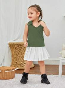 SHEIN Baby Girl Sleeveless Top With Pleated Skirt And Belt Set, Spring/Summer - Green - View 7