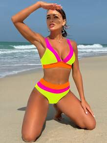 SHEIN Swim Color Block Lace-Up Sexy Neon Bikini Set Bathing Suit For Women,Summer Beach - Multicolor - View 4