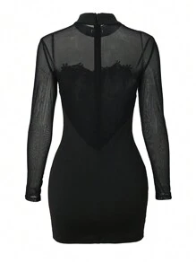 Vestido mini de ajuste ceñido sexy para fiesta, de manga larga con parches de malla trasparente - Negro - Ver 3