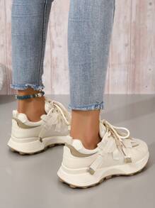 運動運動鞋適合女士,字母圖案前綁帶老爹鞋 - 卡其色 - 查看 3