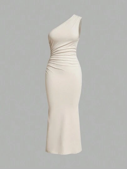 SHEIN EZwear Vestido con cuello asimétrico fruncido en unicolor elegante para primavera/verano