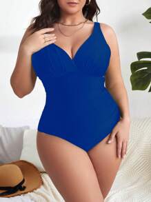 SHEIN Swim Curve Plus Size Letni plażowy jednoczęściowy strój kąpielowy w jednolitym kolorze z marszczeniem i dekoltem w kształcie litery V