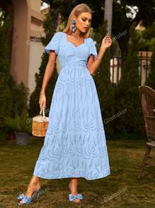 Glamaker Women's Sweetheart Neck Short Bubble Sleeve Burnt-Out Floral Embroidery Dress