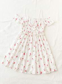 Soleia 女士假期夏季浪漫時尚可愛清新畢業季婚禮季返校季派對午餐花園下午茶花卉空心刺繡露肩荷葉邊肩帶旗袍 - 彩色 - 查看 4