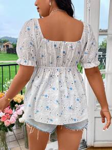 Flirla Plus Size Short Sleeve Hollow Out Printed Casual Shirt With Sweetheart Neck - Blue and White - View 2
