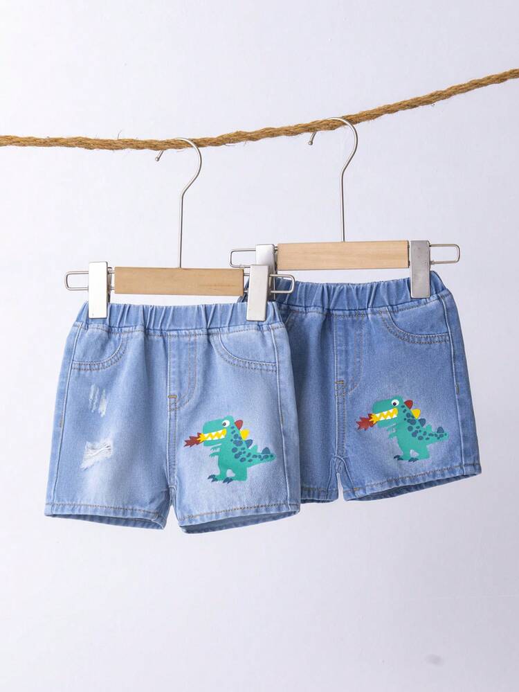 Baby Boys 2pcs/Set Casual Comfortable Dinosaur Pattern Ripped Frayed Washed Loose Straight Leg Denim Shorts Set,For Outdoor Sports All-Matched Clothes