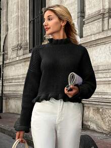 EURMUSE Ruffled Trim Solid Color Sweater - Black - View 4