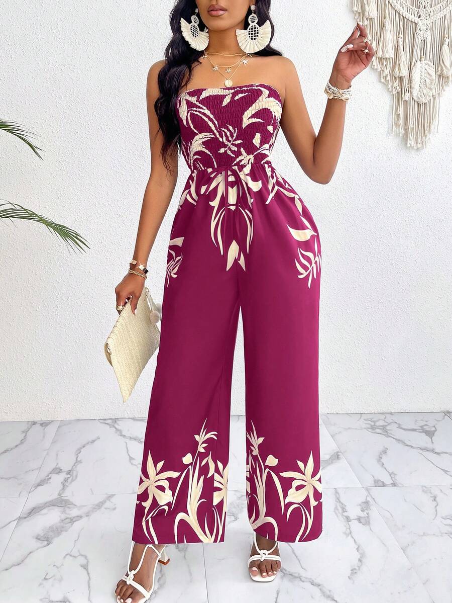 SHEIN Slayr 帶束帶和花卉葉子印花寬腿連身褲 - 玫紅色 - 查看 1