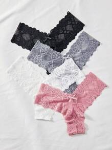 4pcs Women Romantic Lace Bow Decor Thongs Lingerie Bow Tie, Sexy - Multicolor - View 5