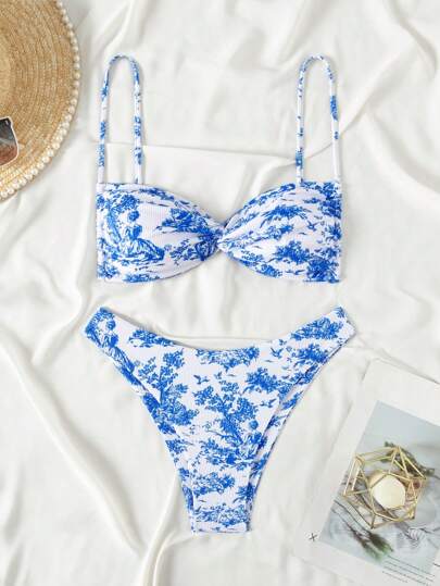 Swim Mod 女士假期植物印花比基尼套裝，扭結性感內衣和底褲