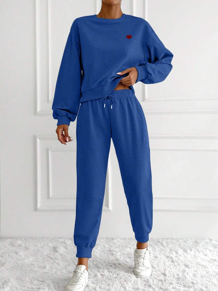EURMUSE Women's Heart Shaped Pattern Drop Shoulder Sweatshirt And Jogger Pants Set - Blue - View 1