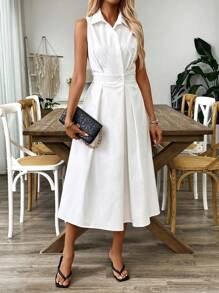 RosyDaze Vestido sin mangas de unicolor con bolsillo, elegante vestido maxi para mujer