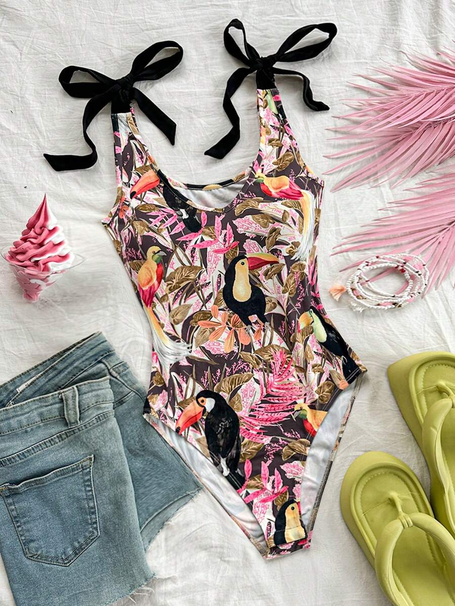 Soleia WYWH Women's Resort Beach Casual Plant & Bird Printed Shoulder Strap Tie-Front Bodysuit