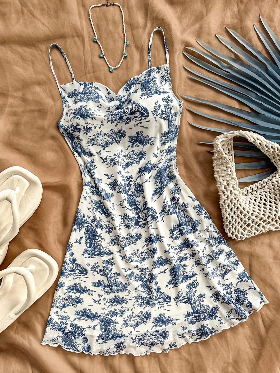 Soleia Women White Ground Blue Flower Print Beach Mini Dress With Open Neckline, Suitable For Tea Party & Graduation Season - Blue and White - View 1