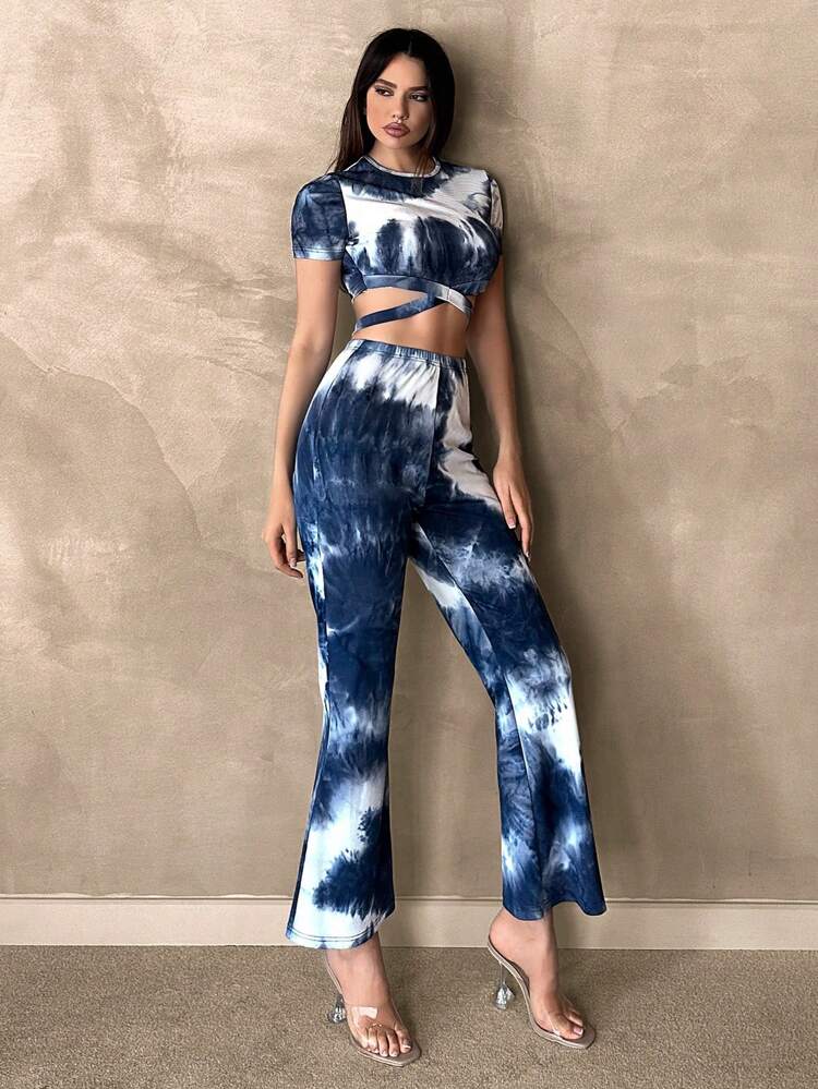 Women's Fashionable Tie-Dye Printed Short Sleeve Top And Long Pants Set