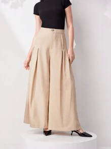 Seusyu Women's Solid Color High Waisted Pleated Wide Leg Daily Commuting Suit Pants - Khaki - View 8