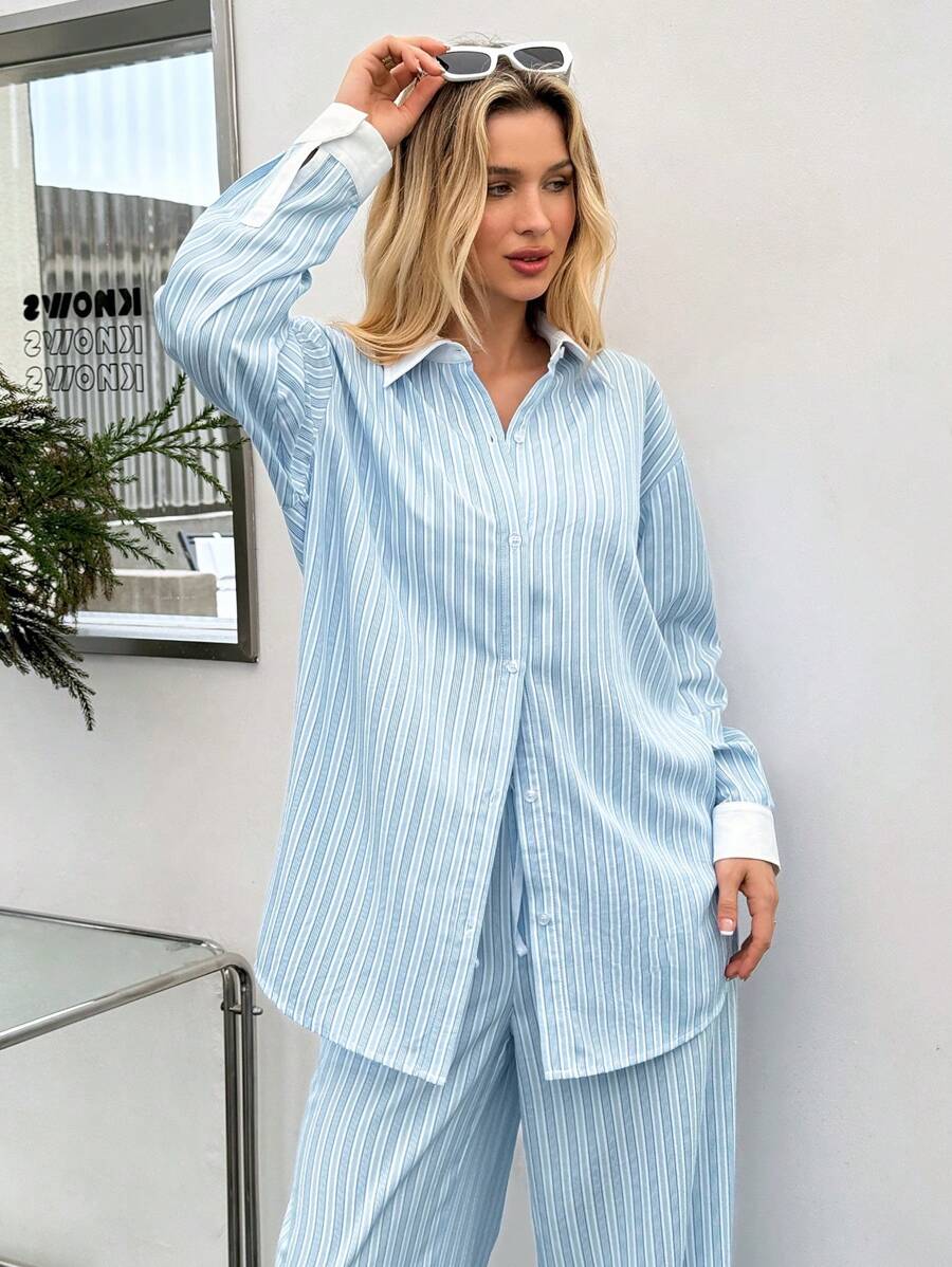 SHEIN Essnce 2024年春夏季鬆身條紋藍白拼接女式襯衫 - 藍色 - 查看 1