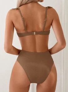Women's One-Piece Swimsuit With 3D Flower Decoration, Solid Color And Simple Style For Daily Wear Summer - Coffee Brown - View 2